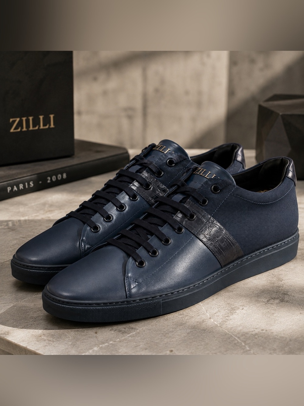 ZILLI Men’s Navy Blue calf Leather Luxury Sneakers Embossed Detail size 44